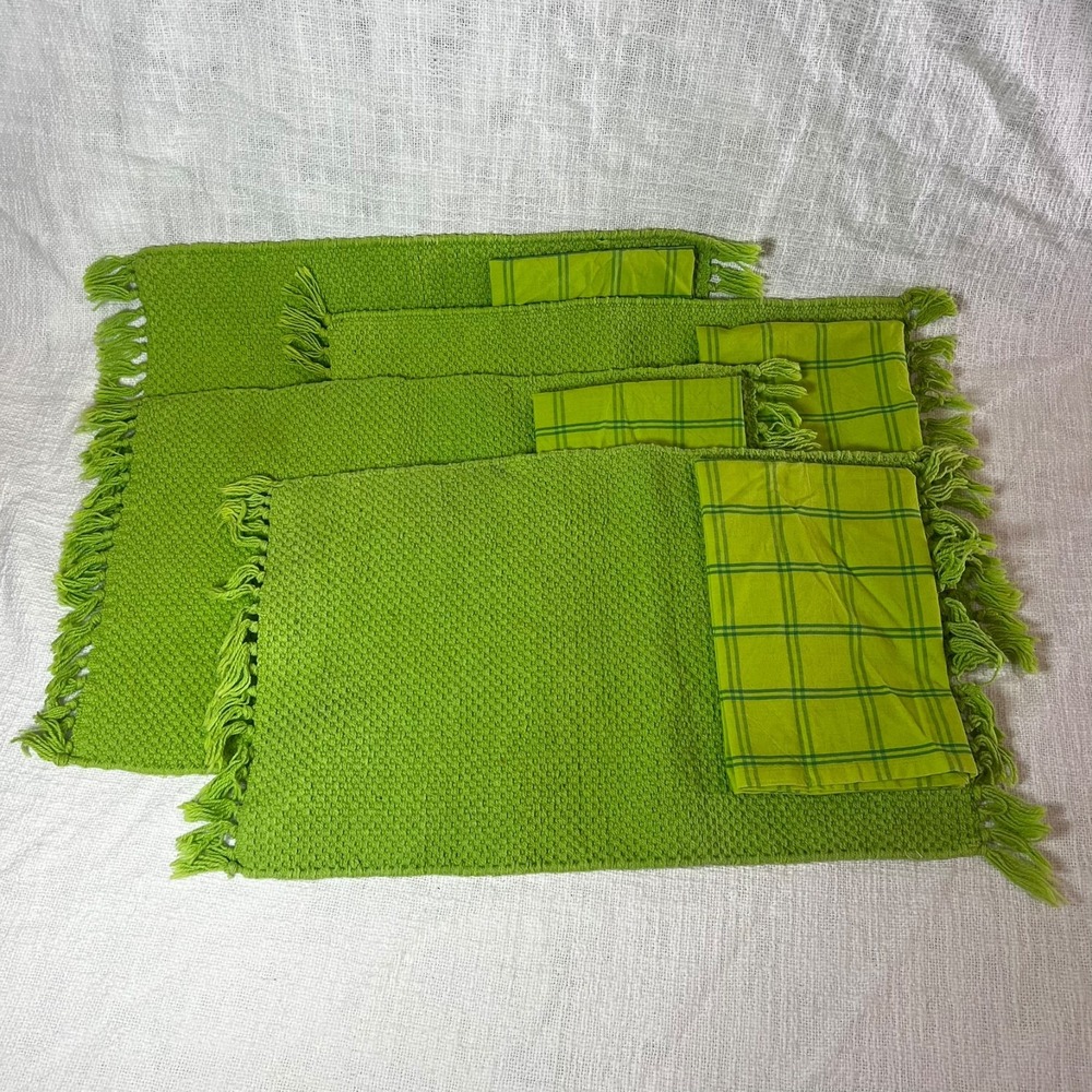 Vintage Pier 1 Imports Placemat Napkin Set Green Fringe Plaid Cotton‎ Farmhouse